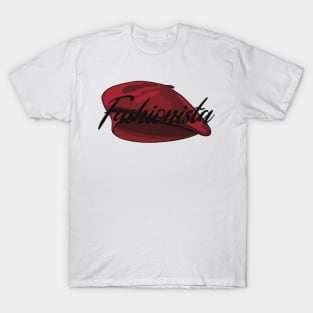 Red French Beret with the word 'Fashionista' in it T-Shirt